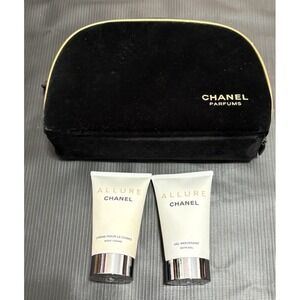 Chanel Parfum Black Velvet Makeup Bag Cosmetic Pouch Gold Trim Zipper Travel +2